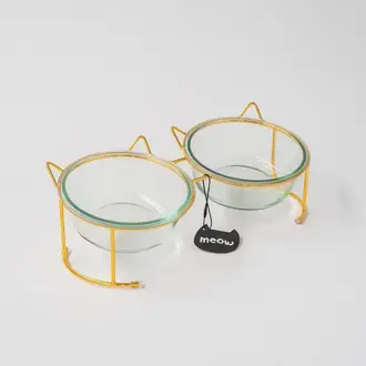 Dexy Paws Dexy Paws 2 Pc Cat Glass Bowl Set w Gold Accent