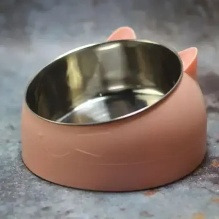 Dog Hugs Cat Elevated Slanted Pet Bowl - Pink Medium