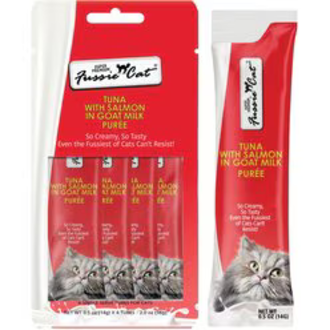 Fussie Cat Fussie Cat Super Premium Tuna  with Salmon in Goat Milk Puree 4-pack 0.5 oz Fussie Cat Fussie Cat Super Premium Tuna  with Salmon in Goat Milk Puree 4-pack 0.5 oz