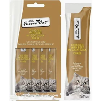 Fussie Cat Fussie Cat Super Premium Chicken with Beef in Goat Milk Puree 4-pack 0.5 oz Fussie Cat Fussie Cat Super Premium Chicken with Beef in Goat Milk Puree 4-pack 0.5 oz