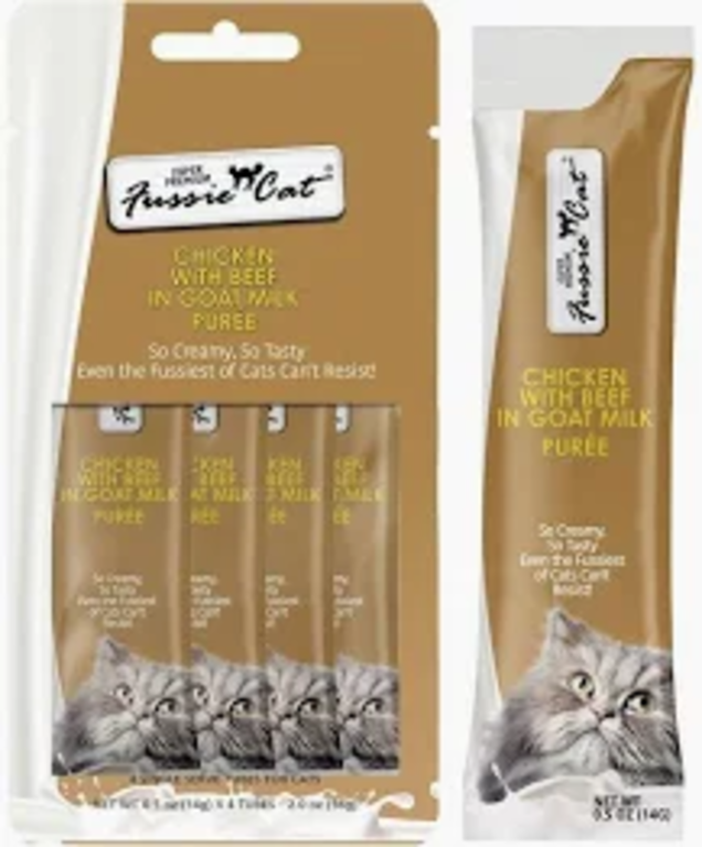 Fussie Cat Fussie Cat Super Premium Puree Treat Chicken with Beef in Goat Milk 4-Pack 0.5 oz