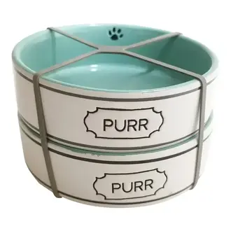 Blue Sky Clayworks Border Scroll Purr Cat Bowl Turquoise - Set of Two