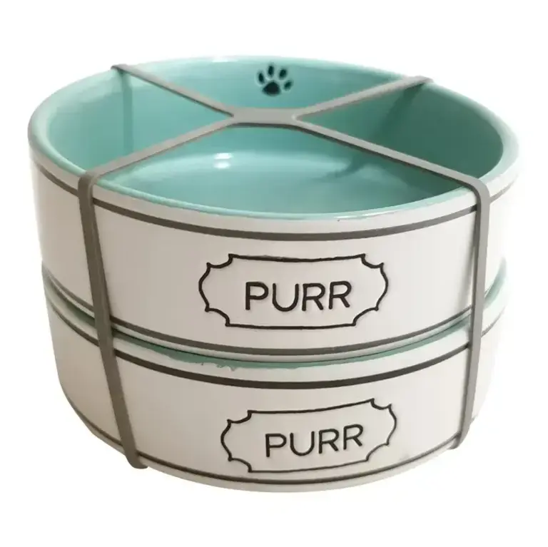 Blue Sky Clayworks Border Scroll Purr Cat Bowl Turquoise - Set of Two