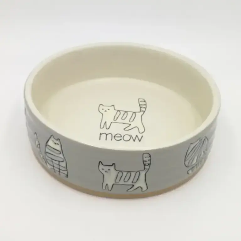 Blue Sky Clayworks Farrah Meow Cat Pet Bowl Grey