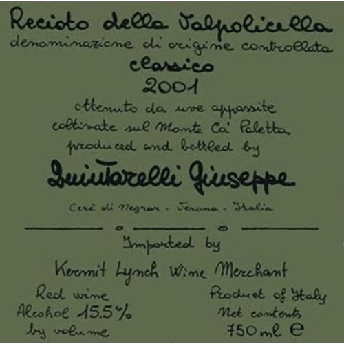 Wine GIUSEPPE QUINTARELLI RECIOTO DELLA VALPOLICELLA CLASSICO 2001 375ML Wine GIUSEPPE QUINTARELLI RECIOTO DELLA VALPOLICELLA CLASSICO 2001 375ML