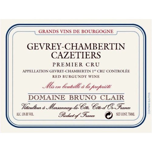 Wine BRUNO CLAIR GEVREY CHAMBERTIN 'CAZETIERS' 1ER CRU 2014 Wine BRUNO CLAIR GEVREY CHAMBERTIN 'CAZETIERS' 1ER CRU 2014