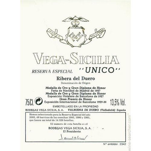 Wine VEGA SICILIA RESERVA ESPECIAL NV (2014 RELEASE IS A BLEND OF 1994, 1995, 2000) Wine VEGA SICILIA RESERVA ESPECIAL NV (2014 RELEASE IS A BLEND OF 1994, 1995, 2000)