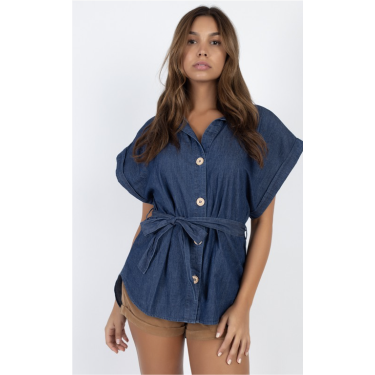 Belted chambray top w/ coconut button detail - Boho Lifestyle