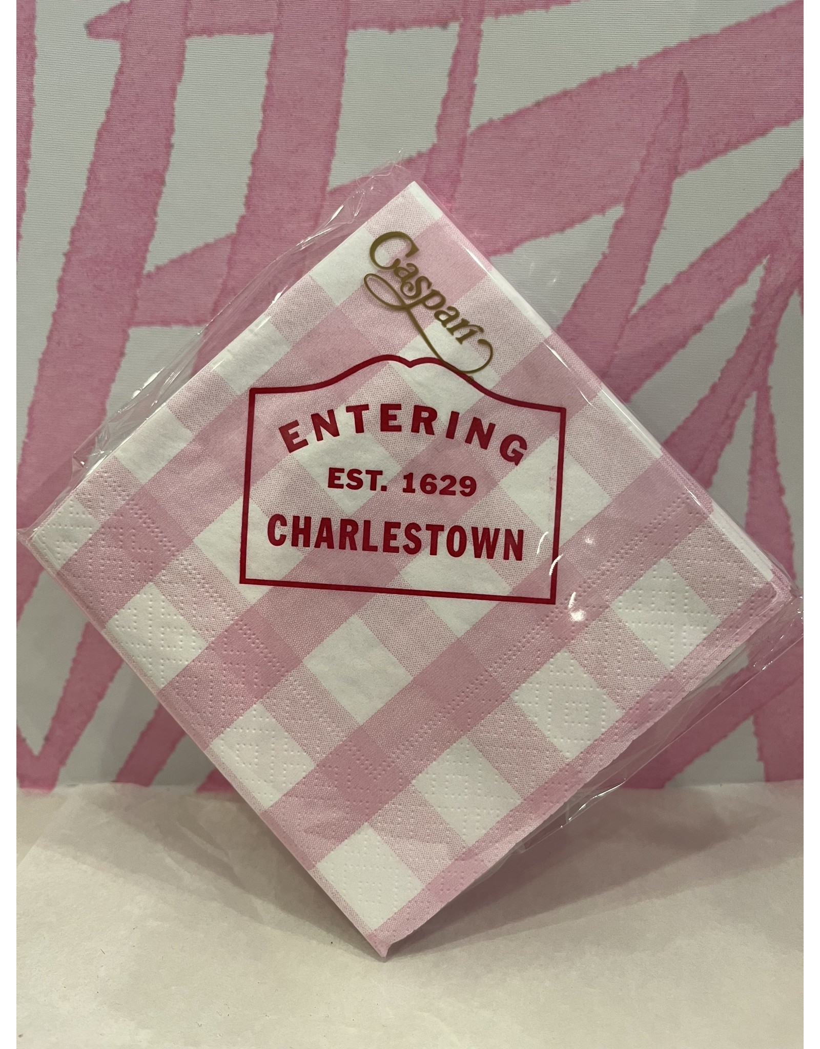 Caspari Entering Charlestown in Pink Gingham Cocktail Napkin