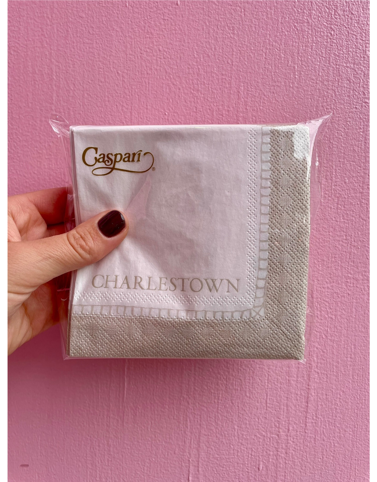 Caspari Charlestown Cocktail Napkin with Tan Linen Border