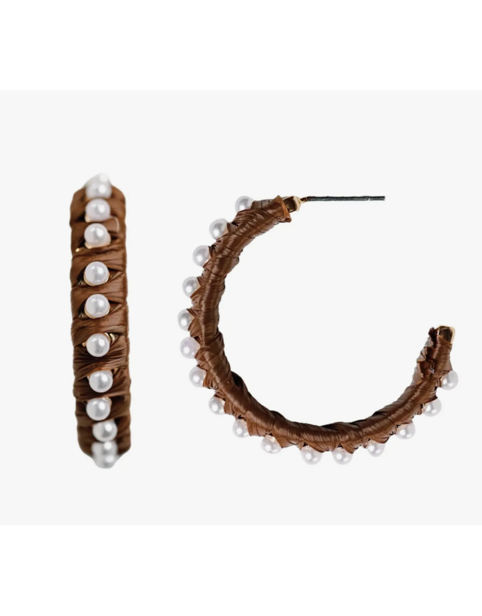 Accessories Shop at Junebug Studded Pearl Raffia Statement Hoop Earrings in Dark Brown