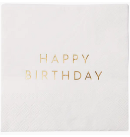 Bonjour Fete Happy Birthday Cocktail Napkins in White & Gold