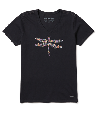 Life is Good Women's Dragonfly Flowers Short Sleeve Vee