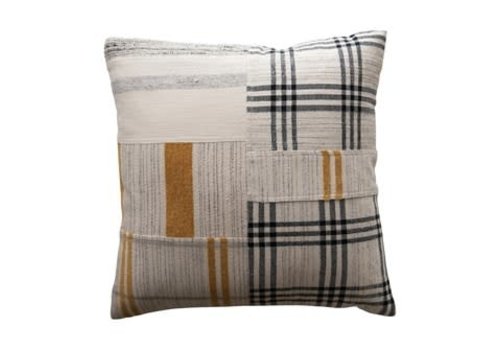 Creative Co-Op 20" Square Woven Cotton & Wool Patchwork Pillow, Black & Mustard Color