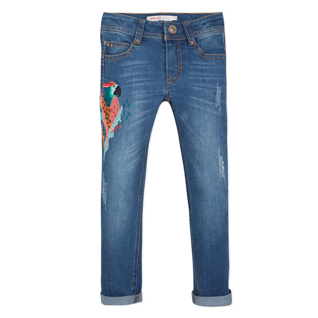 CATIMINI SKINNY STRETCH DENIM JEANS WITH PARROT EMBROIDERY