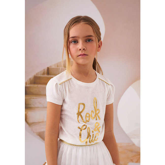IKKS GIRLS’ OFF-WHITE T-SHIRT WITH GOLD SLOGAN