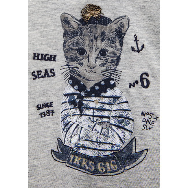 IKKS Girls’ mid-grey marl cat in sailor top graphic T-shirt