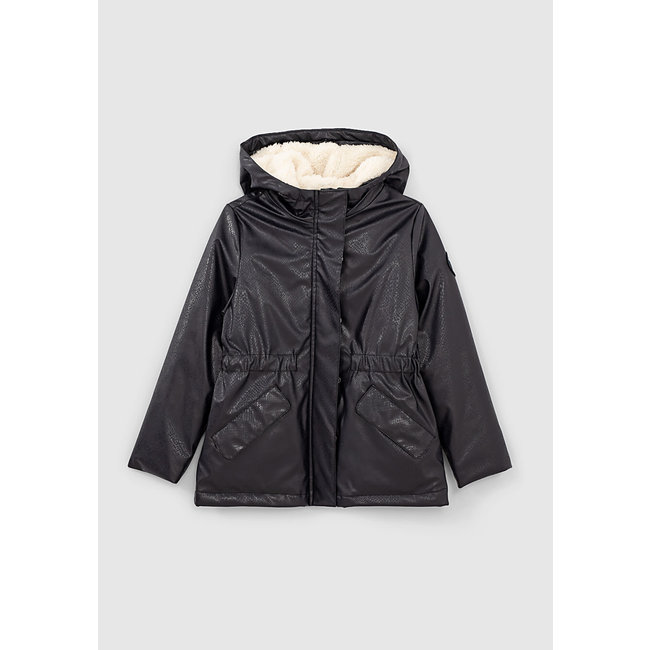 IKKS GIRLS’ DARK NAVY PRINTED RUBBER AND FUR-LINED WAXED JACKET