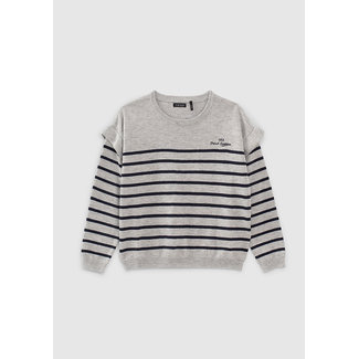 IKKS GIRLS’ GREY MARL SWEATER WITH NAVY STRIPES AND RUFFLES