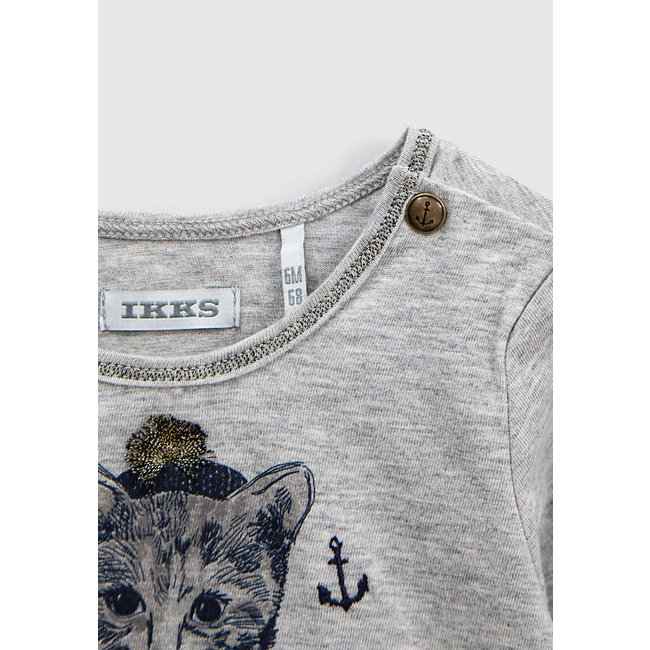 IKKS Girls’ mid-grey marl cat in sailor top graphic T-shirt