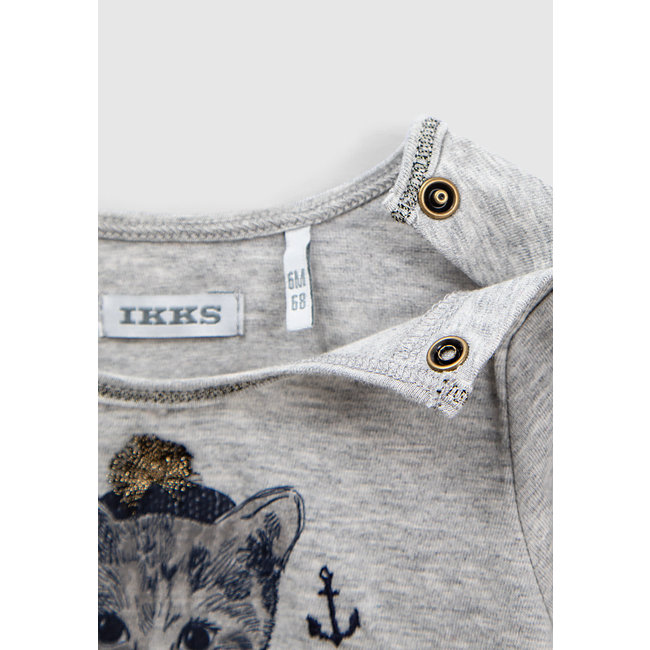 IKKS Girls’ mid-grey marl cat in sailor top graphic T-shirt