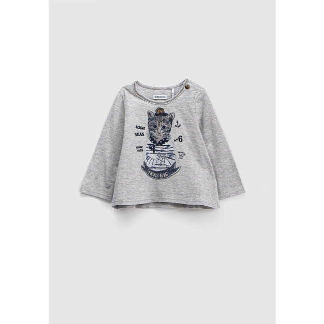 IKKS Girls’ mid-grey marl cat in sailor top graphic T-shirt