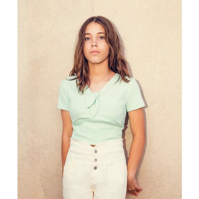 IKKS GIRLS’ MINT RIBBED CROPPED T-SHIRT WITH BOW