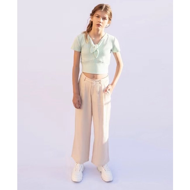 IKKS GIRLS’ MINT RIBBED CROPPED T-SHIRT WITH BOW