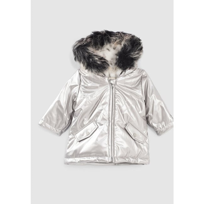 IKKS BABY GIRLS’ SILVER RUBBER LEOPARD FAUX-FUR LINED PARKA,