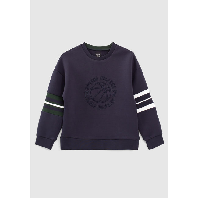IKKS BOYS’ NAVY XL EMBROIDERED SWEATSHIRT WITH STRIPED SLEEVES