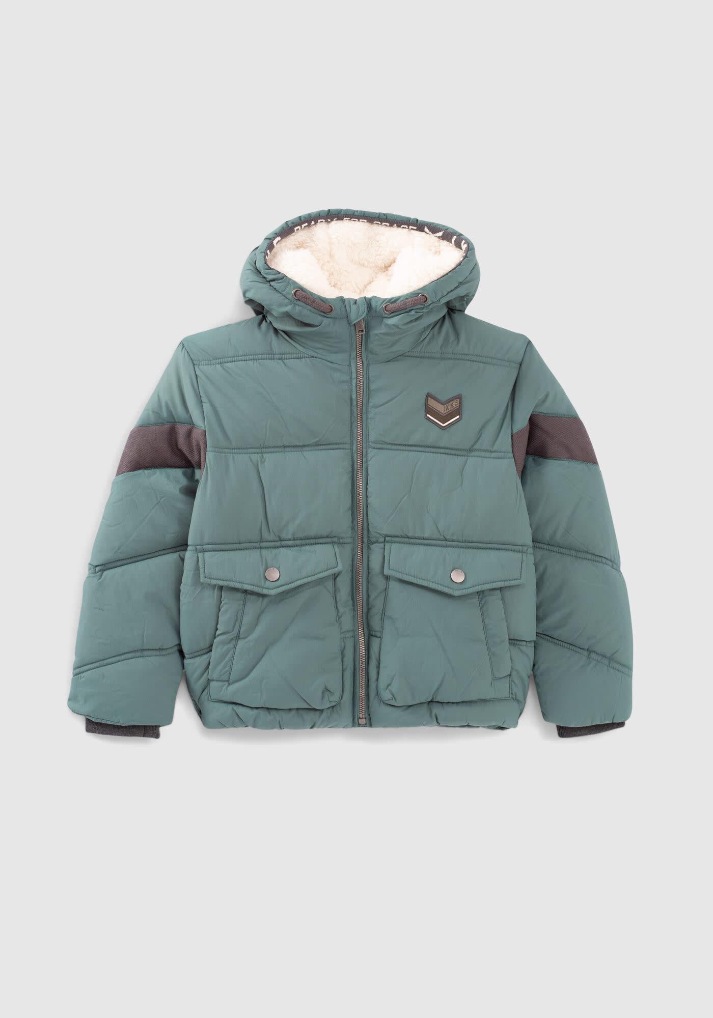Padded Denim Jacket with Hood, Sherpa Lining, for Girls - stone, Girls