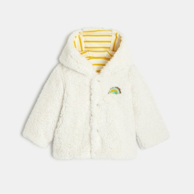 CATIMINI Reversible hooded baby coat in ecru/yellow stripes