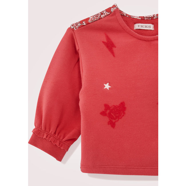IKKS BABY GIRLS’ RED MIXED-FABRIC SLOGAN SWEATSHIRT, BACK PRINT