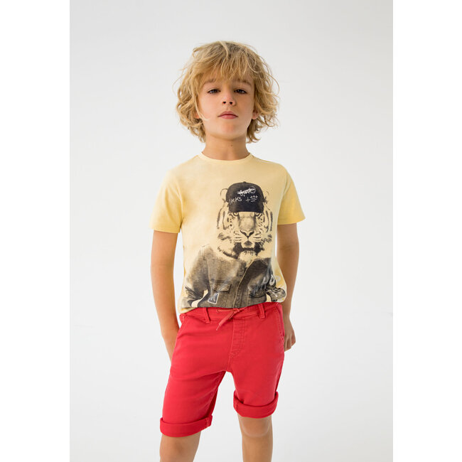 IKKS BOYS' RED DENIM BERMUDAS WITH ELASTICATED WAIST