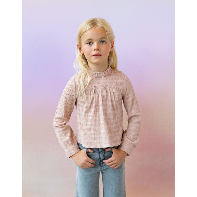 IKKS GIRLS’ PINK WAFFLE BLOUSE WITH TULLE COLLAR