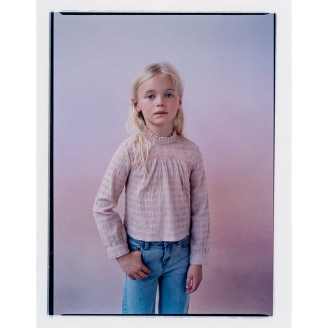 IKKS GIRLS’ PINK WAFFLE BLOUSE WITH TULLE COLLAR