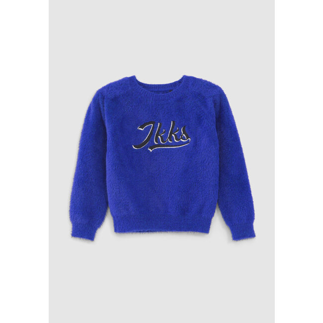 IKKS GIRLS’ BLUE GLITTERY AND EMBROIDERED FLUFFY KNIT SWEATER