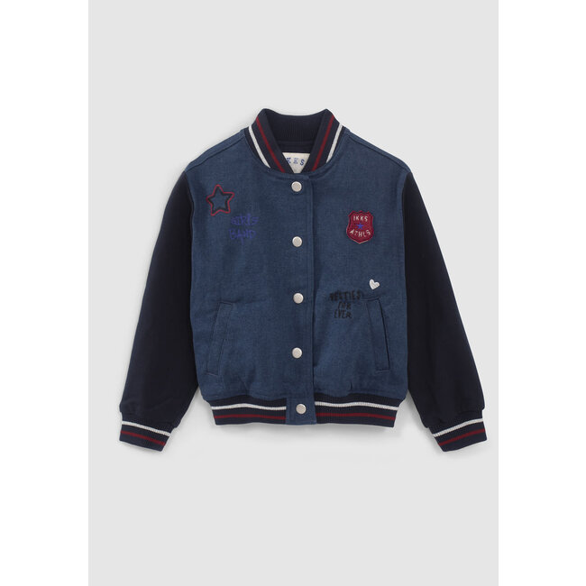 IKKS GIRLS’ NAVY DENIM EMBROIDERED MIXED FABRIC BASEBALL JACKET