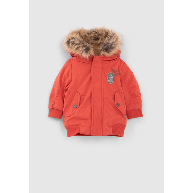 IKKS BABY BOYS’ ORANGE FUR-LINED PARKA WITH PRINT ON BACK