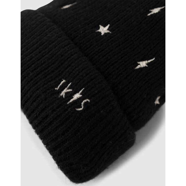IKKS GIRLS’ BLACK KNIT BEANIE, EMBROIDERED GOLD STARS/LIGHTNING