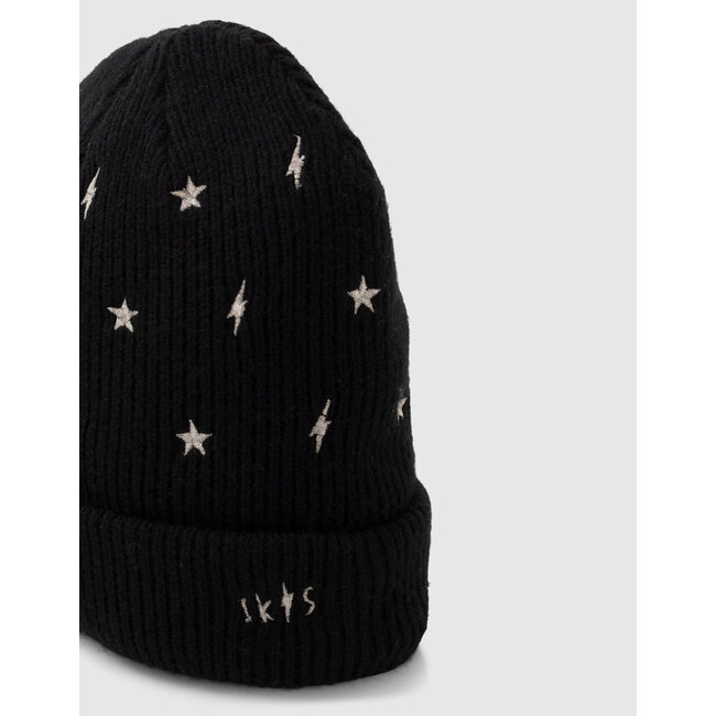 IKKS GIRLS’ BLACK KNIT BEANIE, EMBROIDERED GOLD STARS/LIGHTNING