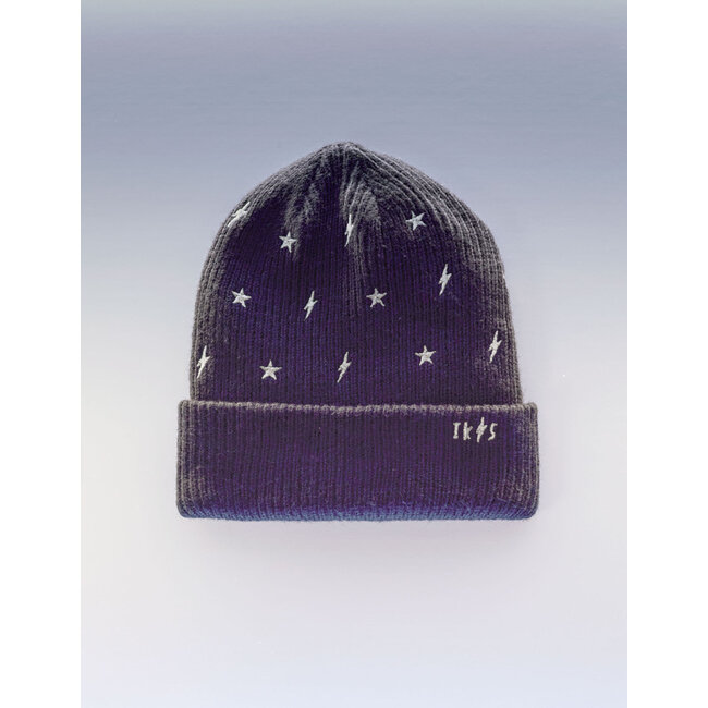 IKKS GIRLS’ BLACK KNIT BEANIE, EMBROIDERED GOLD STARS/LIGHTNING