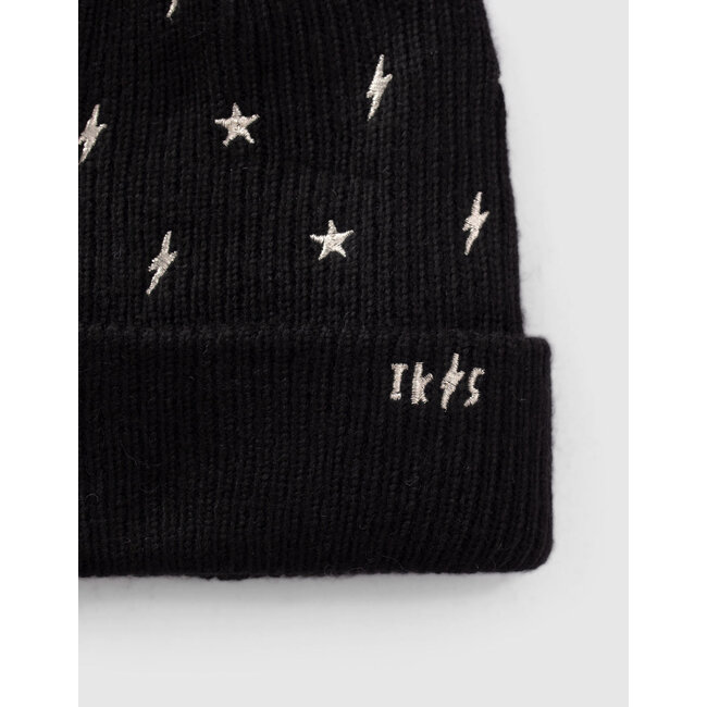 IKKS GIRLS’ BLACK KNIT BEANIE, EMBROIDERED GOLD STARS/LIGHTNING
