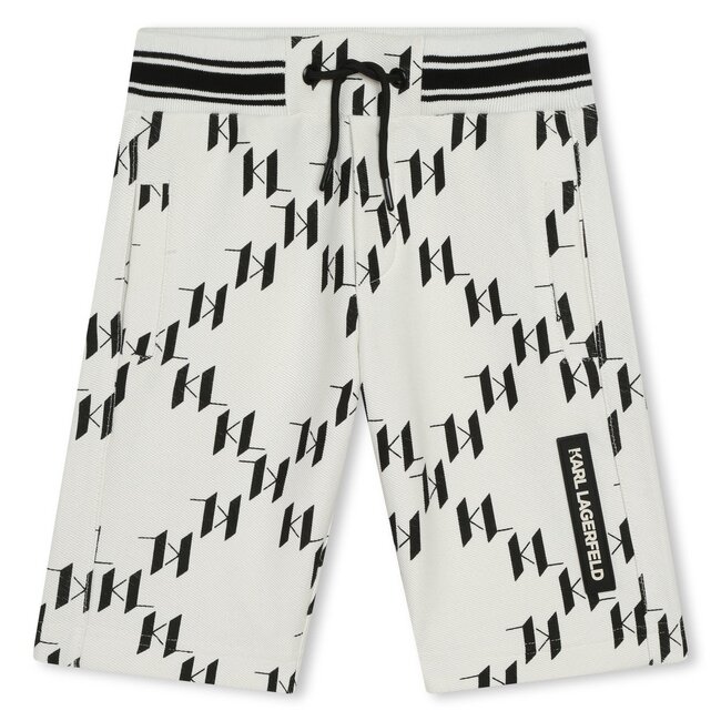 KARL LAGERFELD BOYS BEIGE/BLACK KNIT TWILL SHORTS W/ ALLOVER KL DIAMOND MONOGRAM