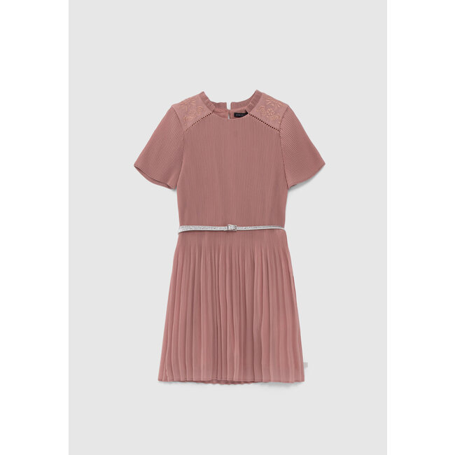 IKKS GIRLS’ PINK PLEATED DRESS WITH EMBROIDERED SHOULDERS