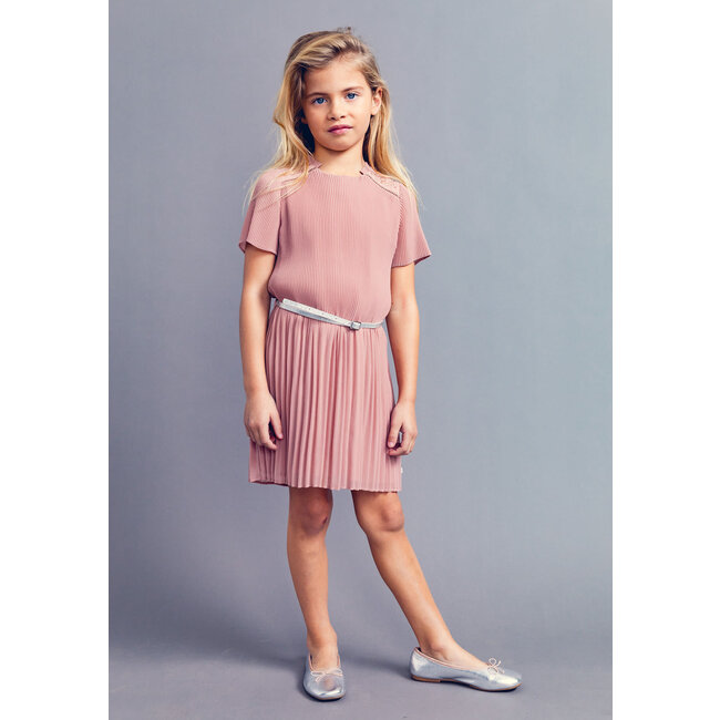 IKKS GIRLS’ PINK PLEATED DRESS WITH EMBROIDERED SHOULDERS