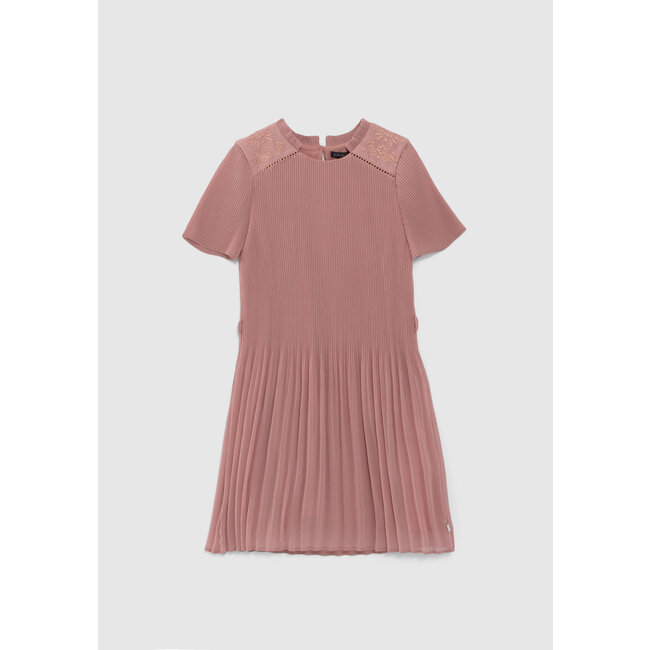 IKKS GIRLS’ PINK PLEATED DRESS WITH EMBROIDERED SHOULDERS