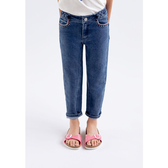 IKKS GIRLS' BLUE WATERLESS MOM JEANS, ATEBA BRACELET EMBROIDERY