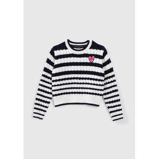IKKS GIRLS' ECRU CABLE KNIT SWEATER WITH NAVY STRIPES