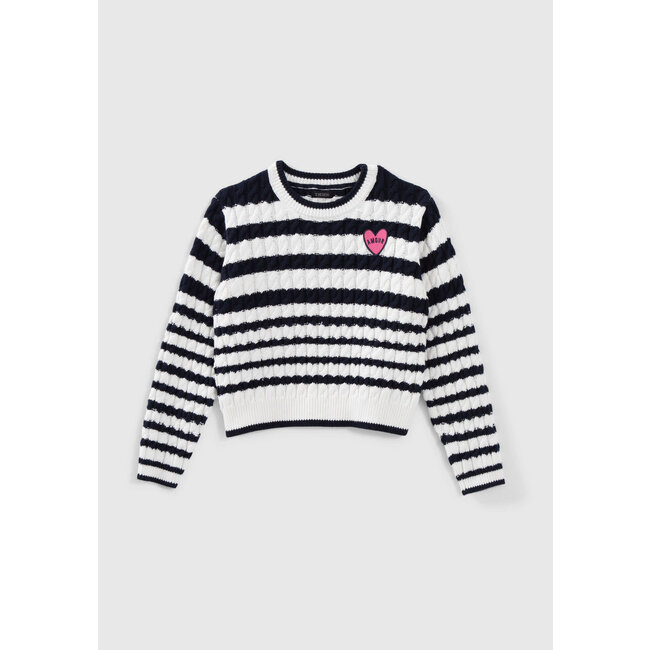 IKKS GIRLS' ECRU CABLE KNIT SWEATER WITH NAVY STRIPES